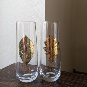 Set of 2 Zodax Stemless Champagne Flutes Glasses with Gold Leaf Pattern